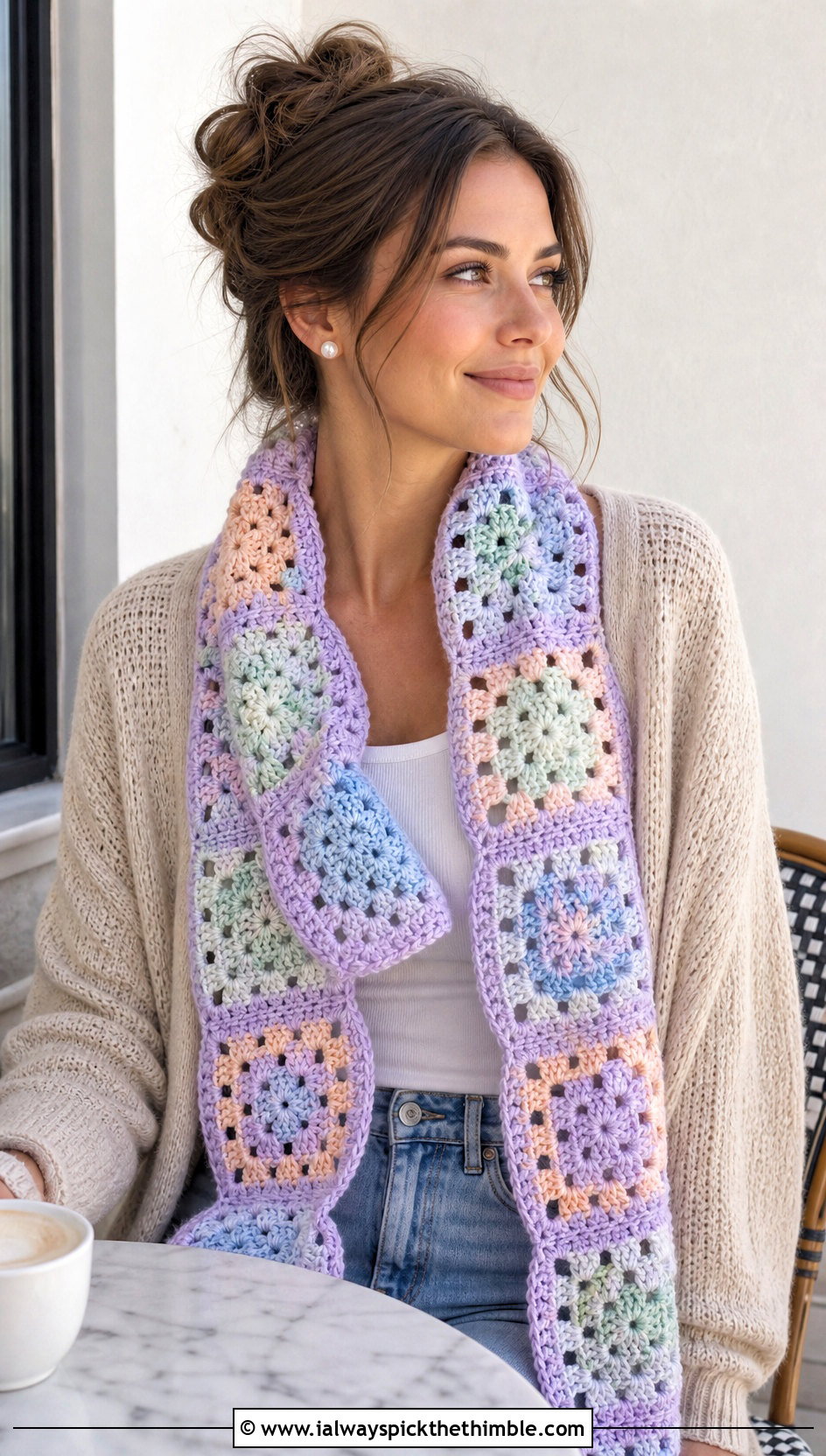Pastel Patchwork Granny Square Crochet Scarf With Cardigan - 25 granny square crochet scarf outfit ideas