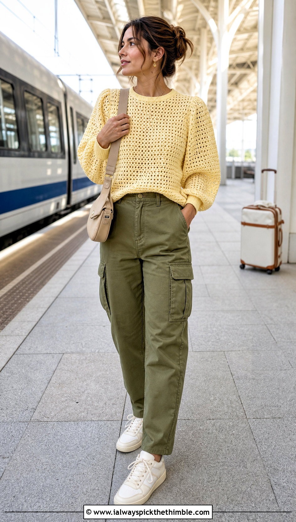 Pastel Puff Sleeve Crochet Sweater With Cargo Pants - 15 Pastel Crochet Clothing Design outfit ideas