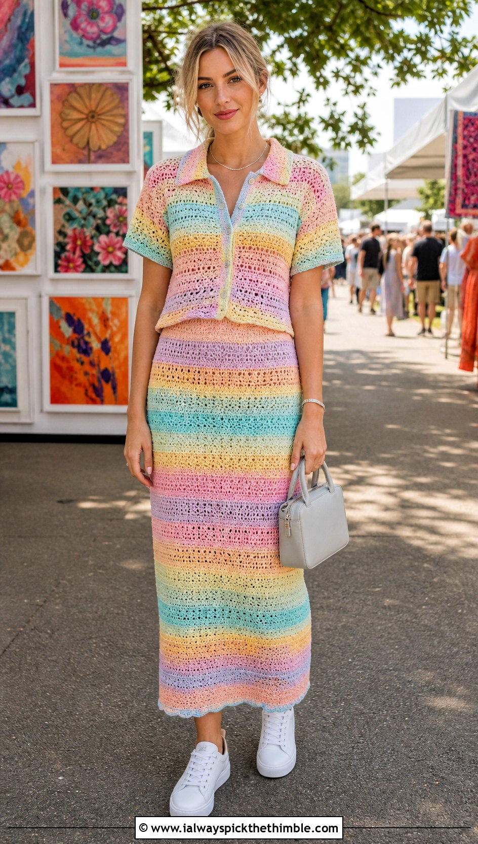 Pastel Rainbow Crochet Co Ord Set With White Sneakers - 20 Pastel Crochet Clothes and outfit ideas