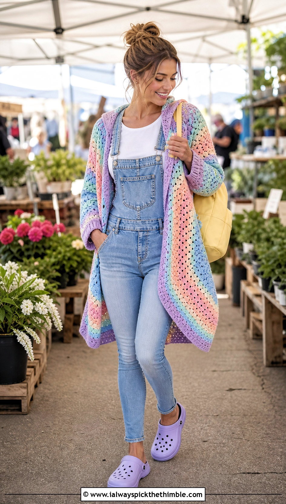 Pastel Rainbow Hooded Hexagon Cardigan With Overalls - 20 Crochet Hexagon Cardigan With Hood outfit ideas