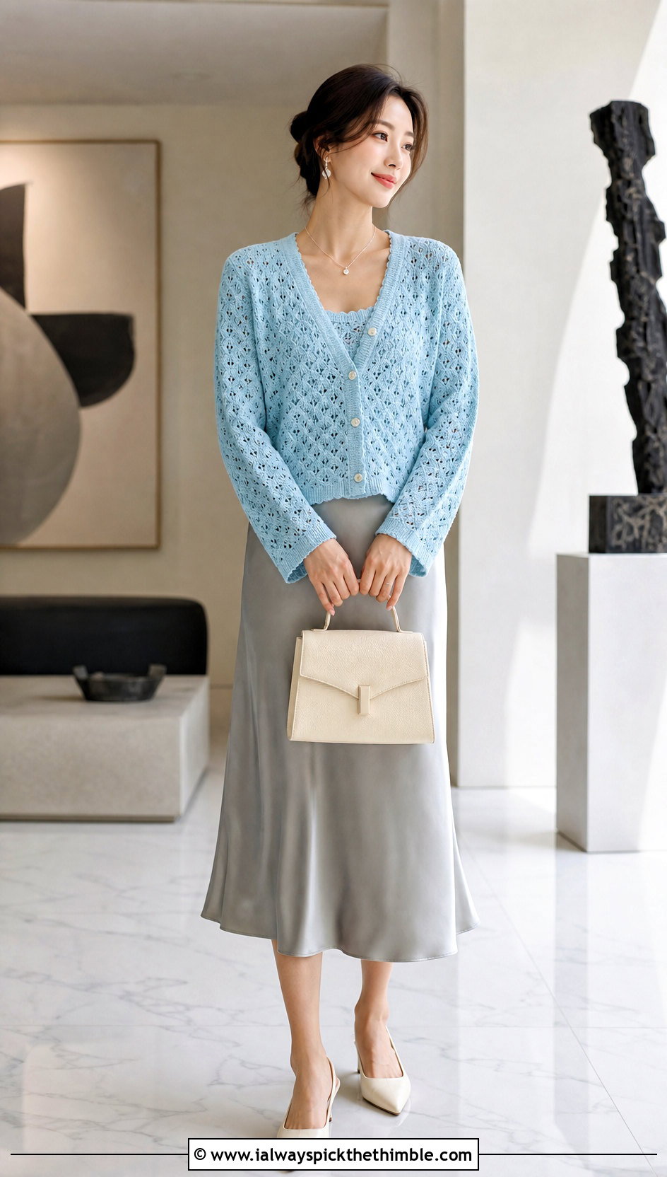 Pastel Shell Stitch Crochet Cardigan With Satin Skirt - 15 Pastel Crochet Clothing Design outfit ideas