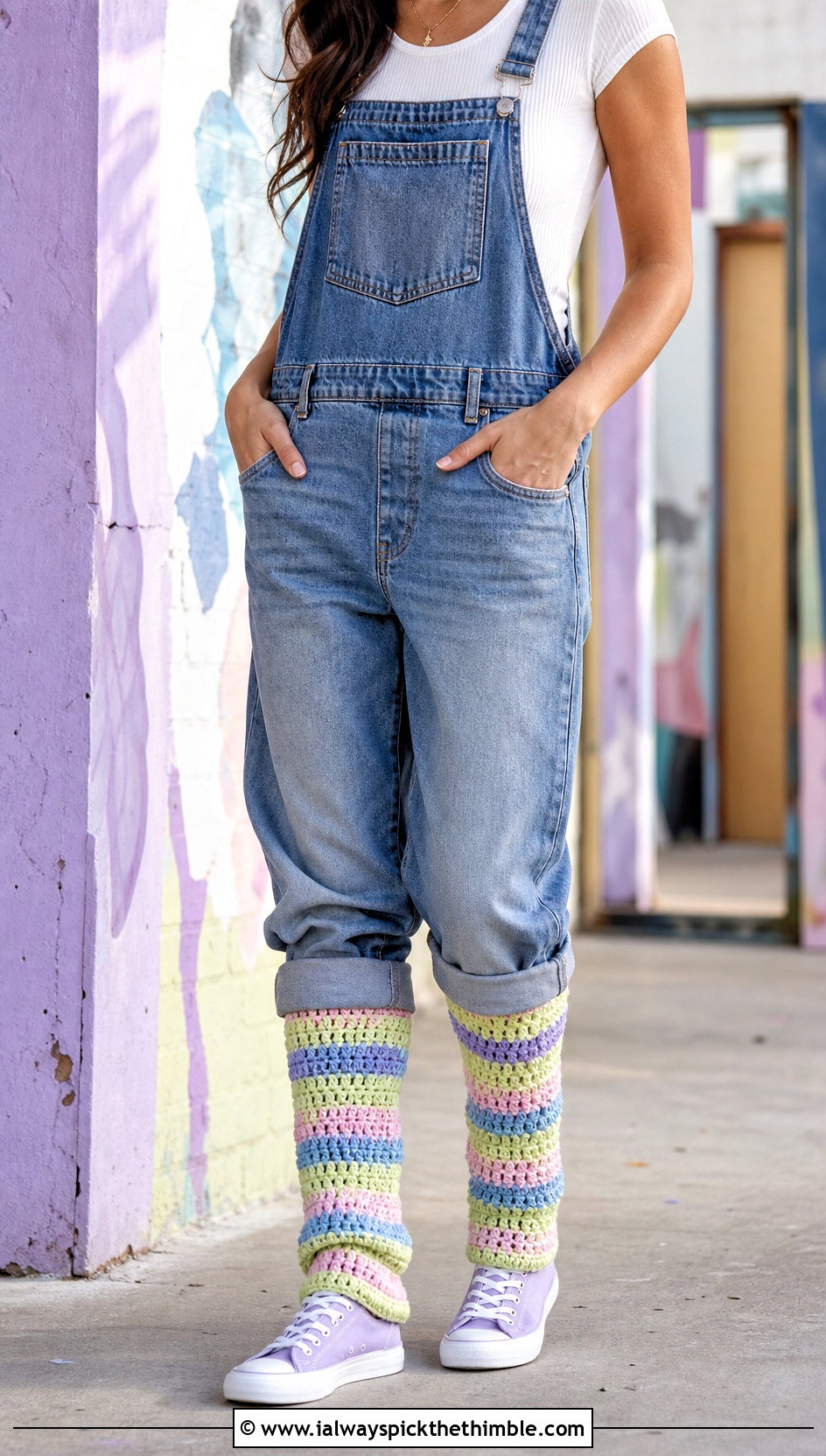 Pastel Striped Crochet Leg Warmers With Denim Overalls - 20 cute crochet leg warmers outfit ideas