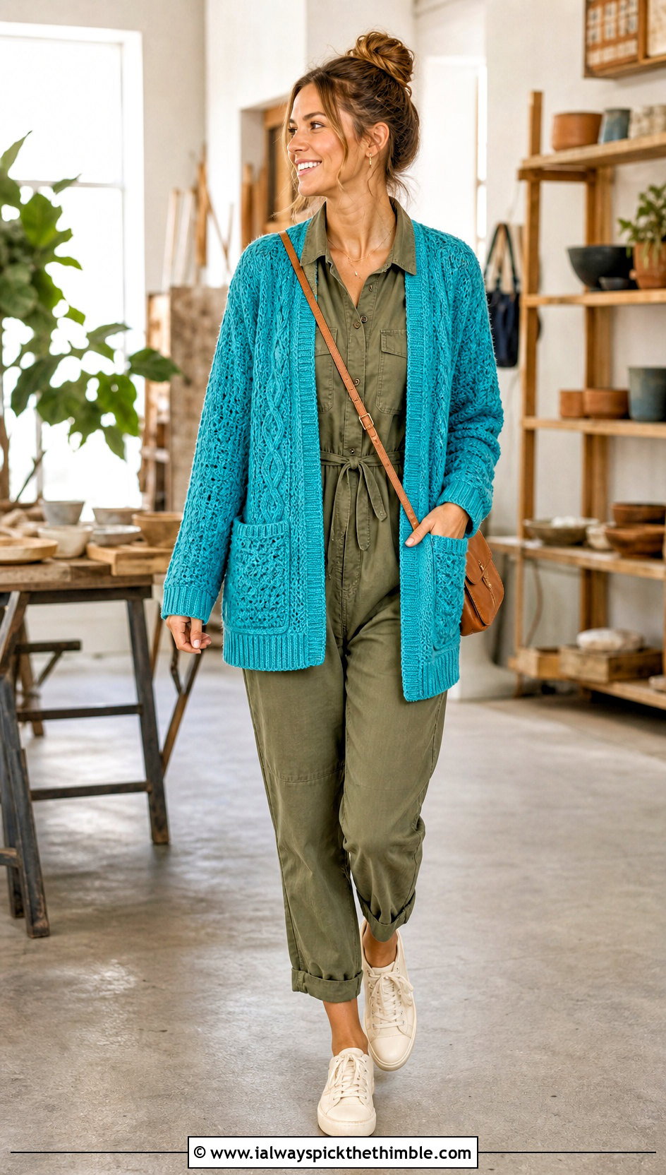 Patch Pocket Cable Cardigan With Utility Jumpsuit - 20 Crochet Cable Cardigan outfit ideas