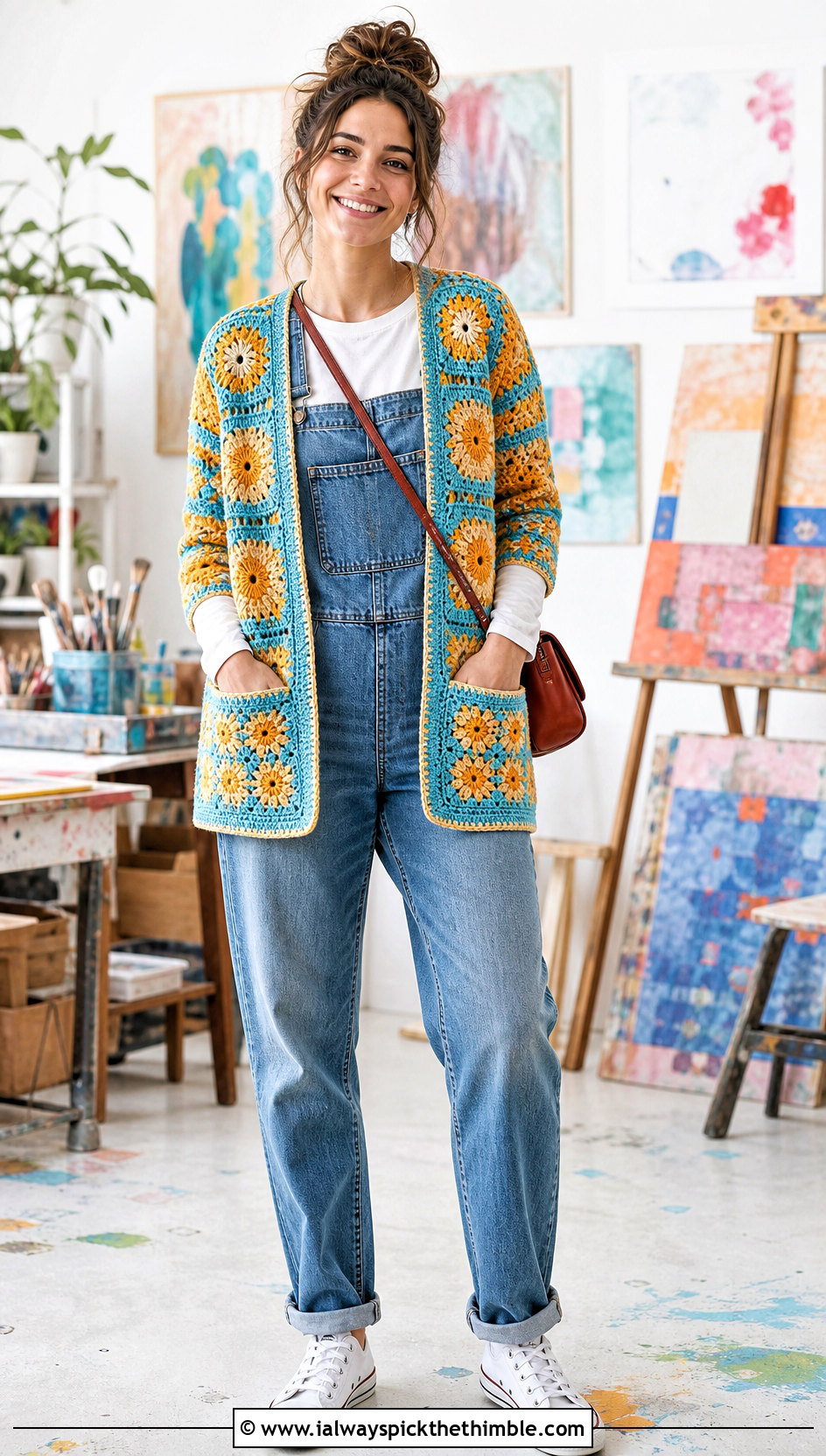 Patch Pocket Checkered Granny Square Cardigan With Overalls - 20 checkered granny square cardigan outfit ideas