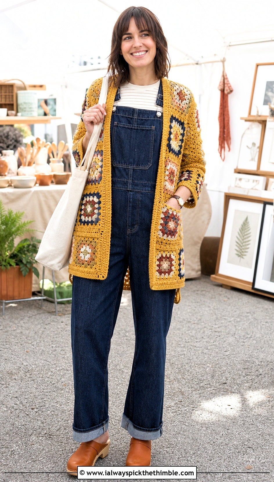 Patch Pocket Continuous Granny Square Cardigan With Denim Overalls - 20 continuous granny square cardigan outfit ideas