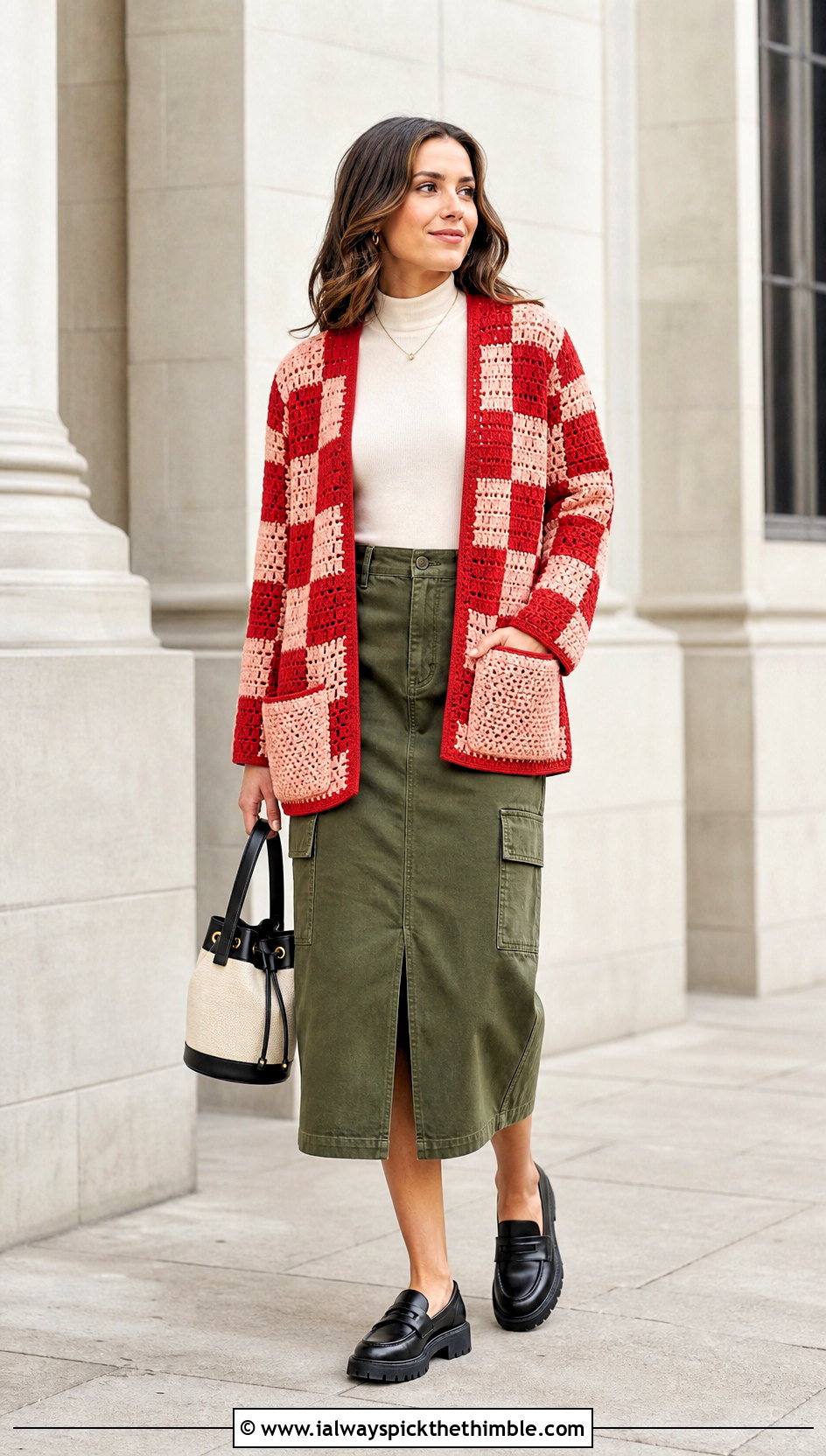 Patch Pocket Crochet Checkered Cardigan With Utility Midi Skirt - 25 crochet checkered cardigan outfit ideas