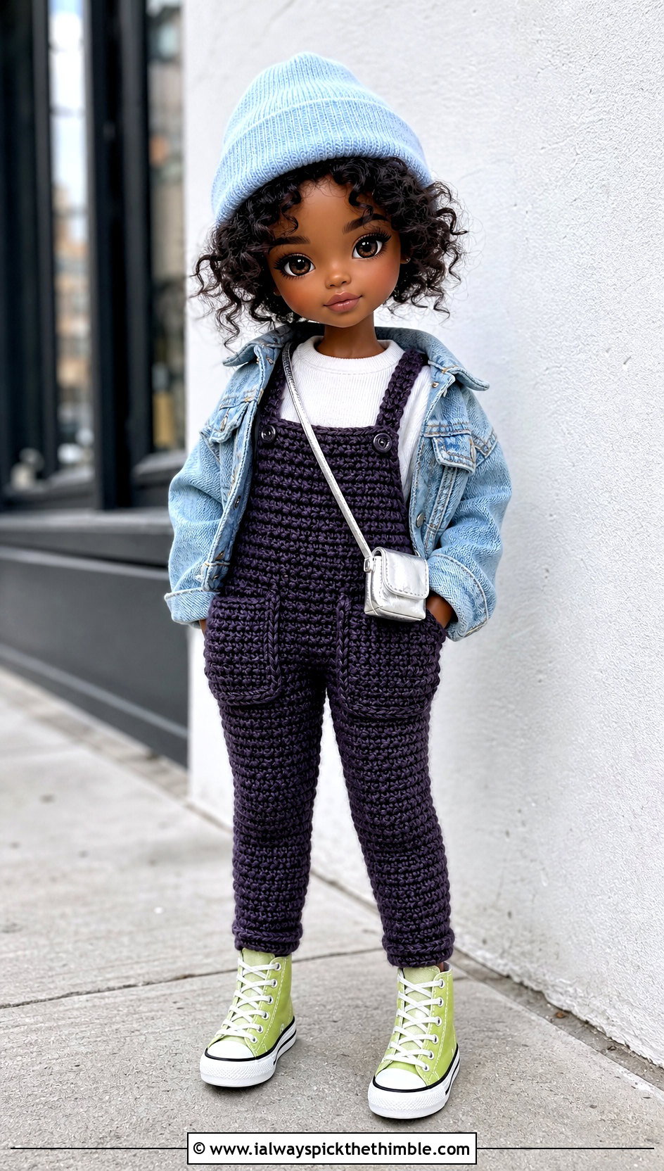 Patch Pocket Crochet Doll Overalls With Denim Jacket - 20 crochet doll overalls outfit ideas