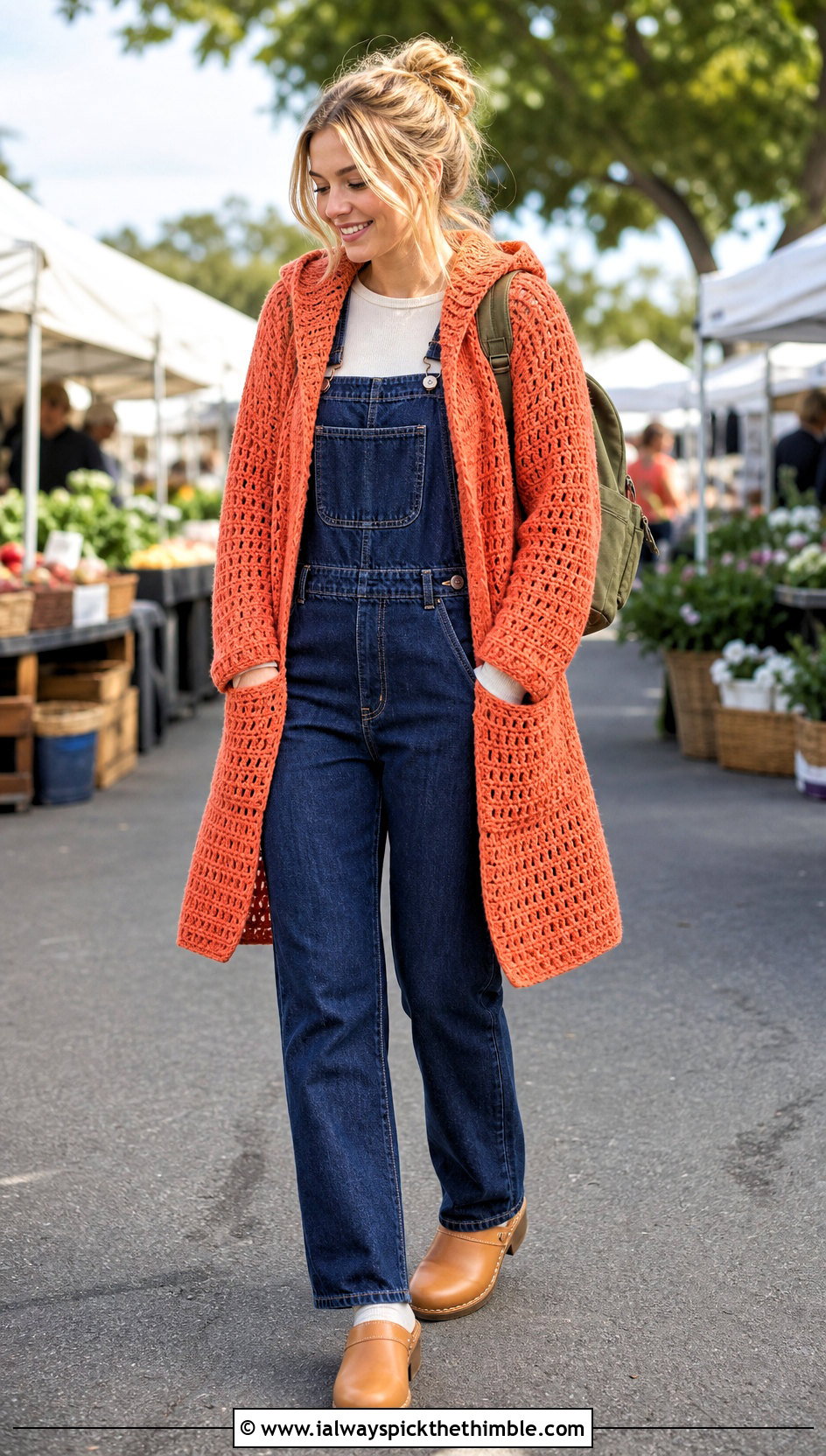 Patch Pocket Crochet Hooded Cardigan With Denim Overalls - 25 crochet hooded cardigan outfit ideas