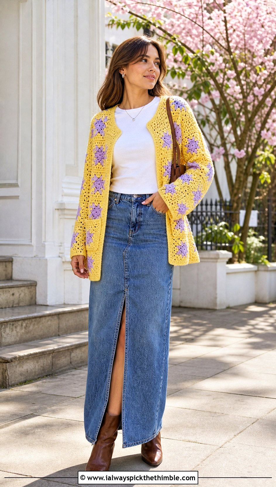 Patch Pocket Crochet Star Granny Square Cardigan With Denim Maxi Skirt - 20 Crochet Star Granny Square Cardigan outfit ideas