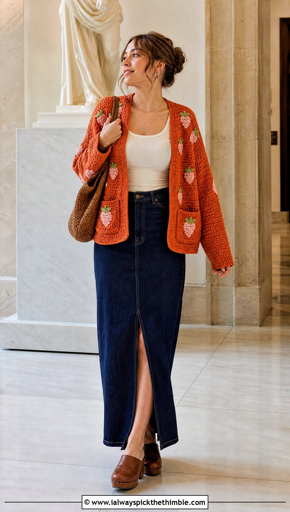 Patch Pocket Crochet Strawberry Cardigan With Denim Maxi Skirt - 25 crochet strawberry cardigan outfit ideas
