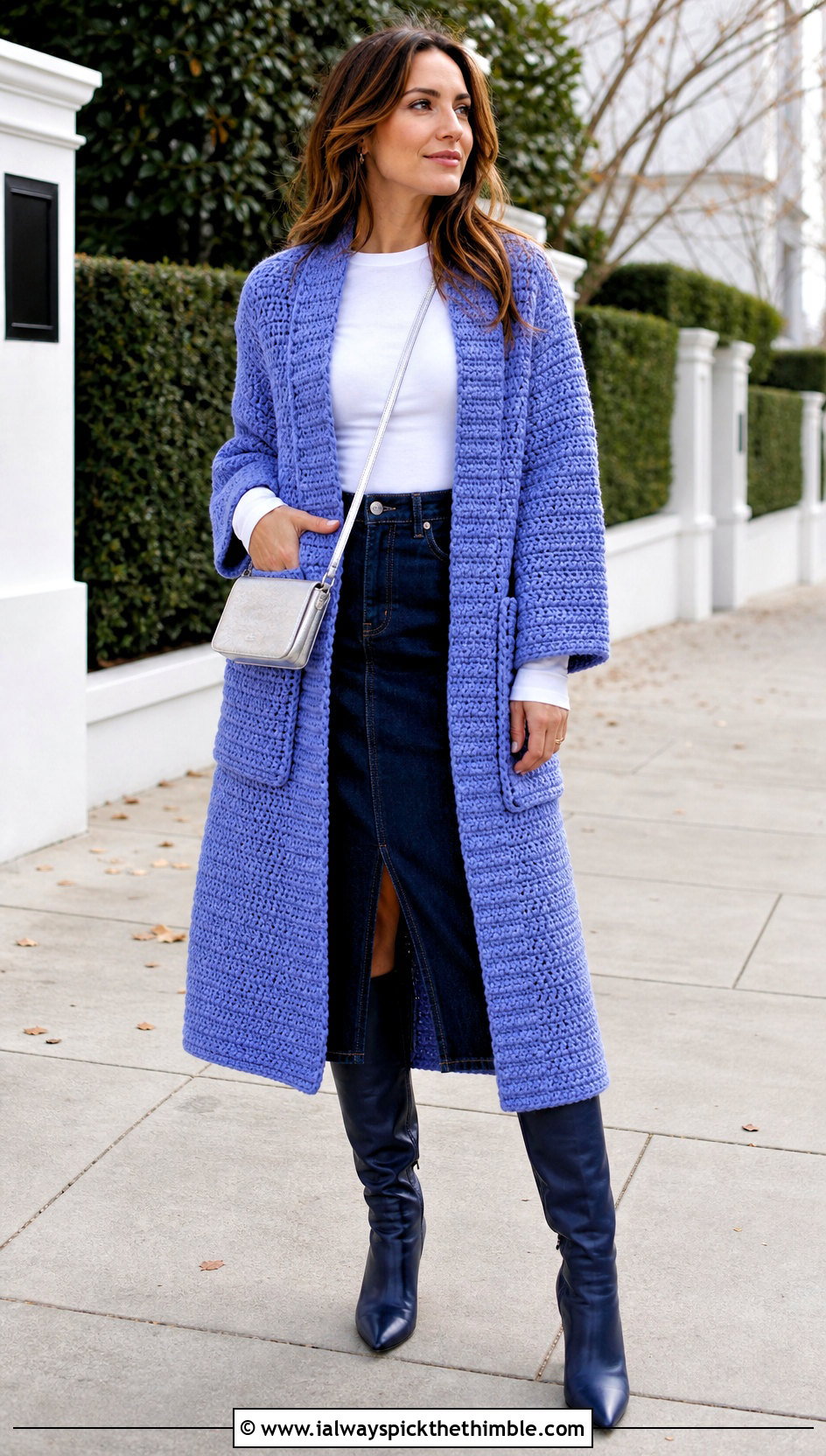 Patch Pocket Crochet Winter Coat With Denim Midi Skirt - 20 Crochet Winter Coat outfit ideas