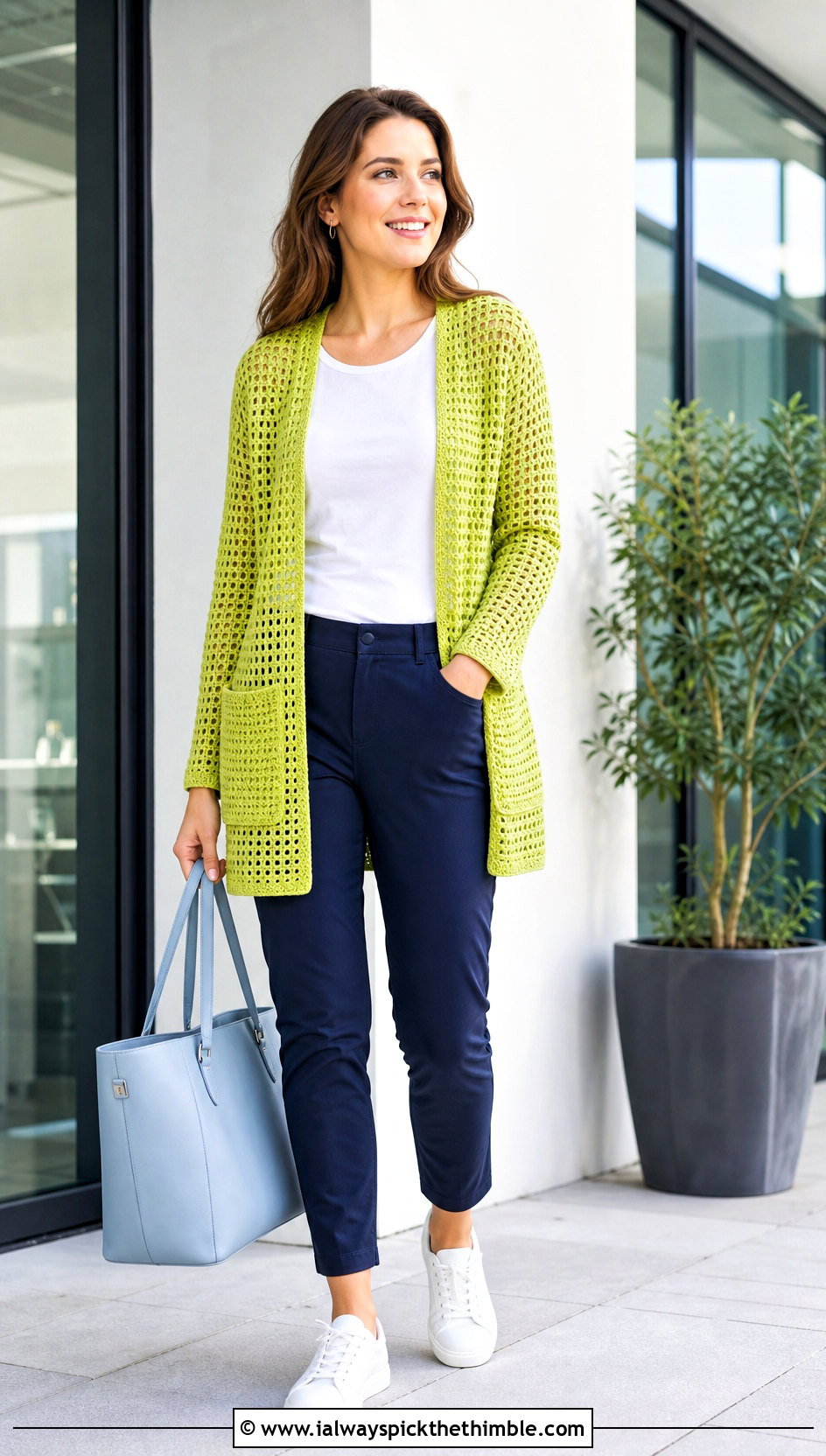 Patch Pocket Filet Crochet Cardigan With T Shirt And Chinos - 20 filet crochet cardigan outfit ideas