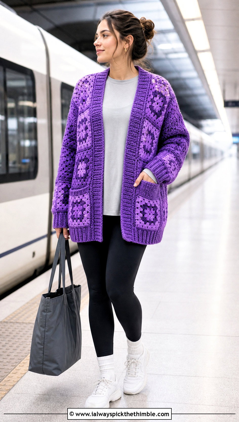 Patch Pocket Granny Square Afghan Cardigan With Leggings - 15 crochet granny square afghan style coat cardigan outfit ideas