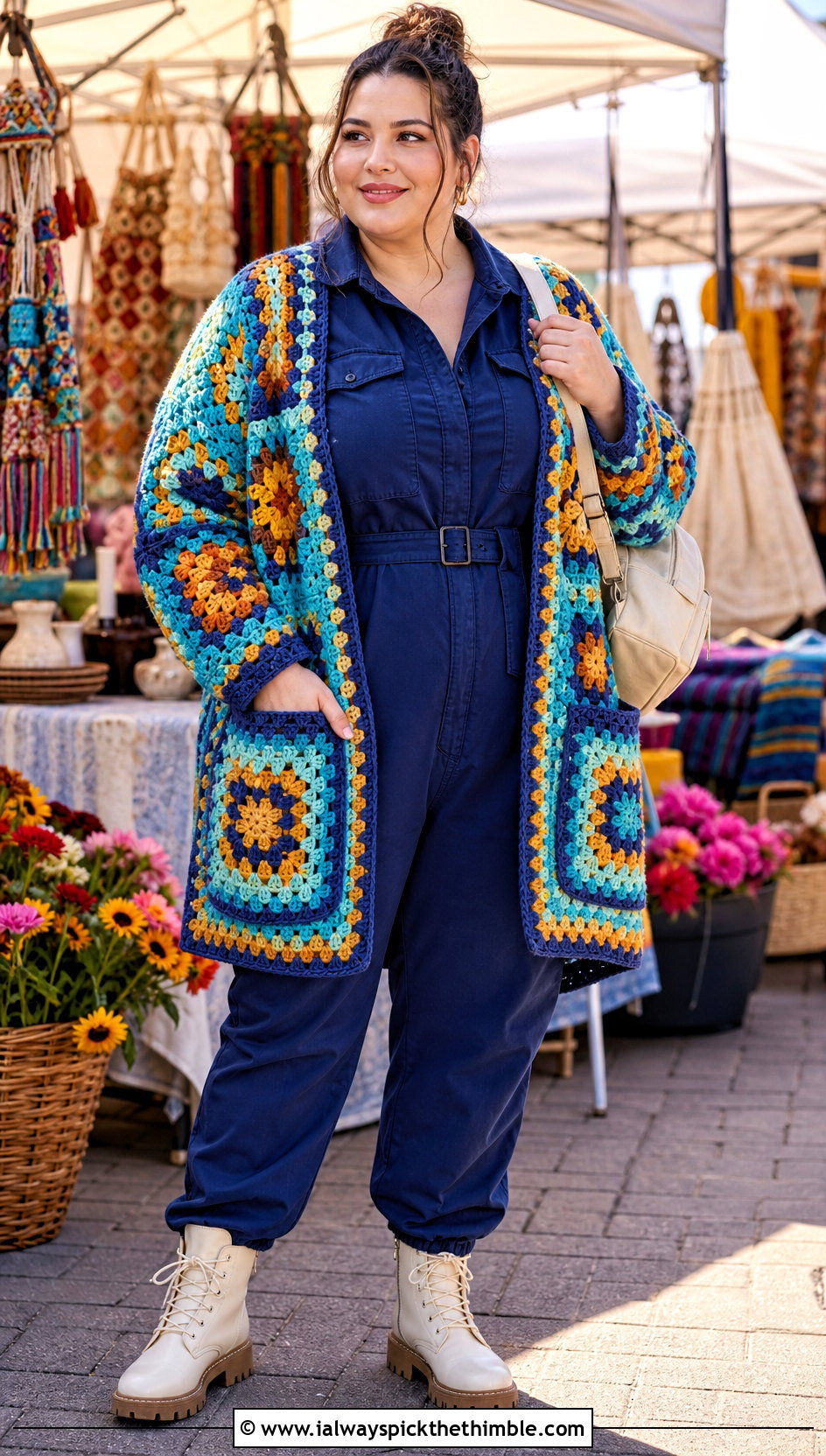 Patch Pocket Granny Square Patchwork Cardigan With Utility Jumpsuit - 20 Granny Square Patchwork Cardigan outfit ideas