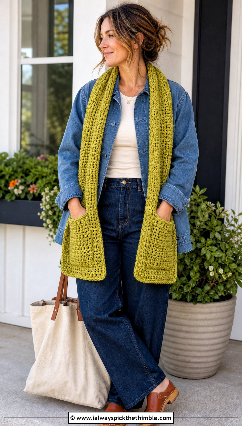 Patch Pocket Scarf With Chore Jacket And Barrel Jeans - 20 crochet pocket scarves outfit ideas