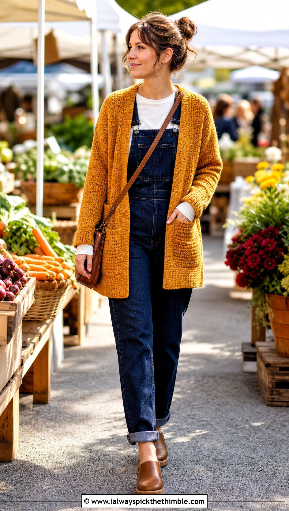 Patch Pocket Tunisian Cardigan With Overalls - 20 Crochet Tunisian Cardigan outfit ideas