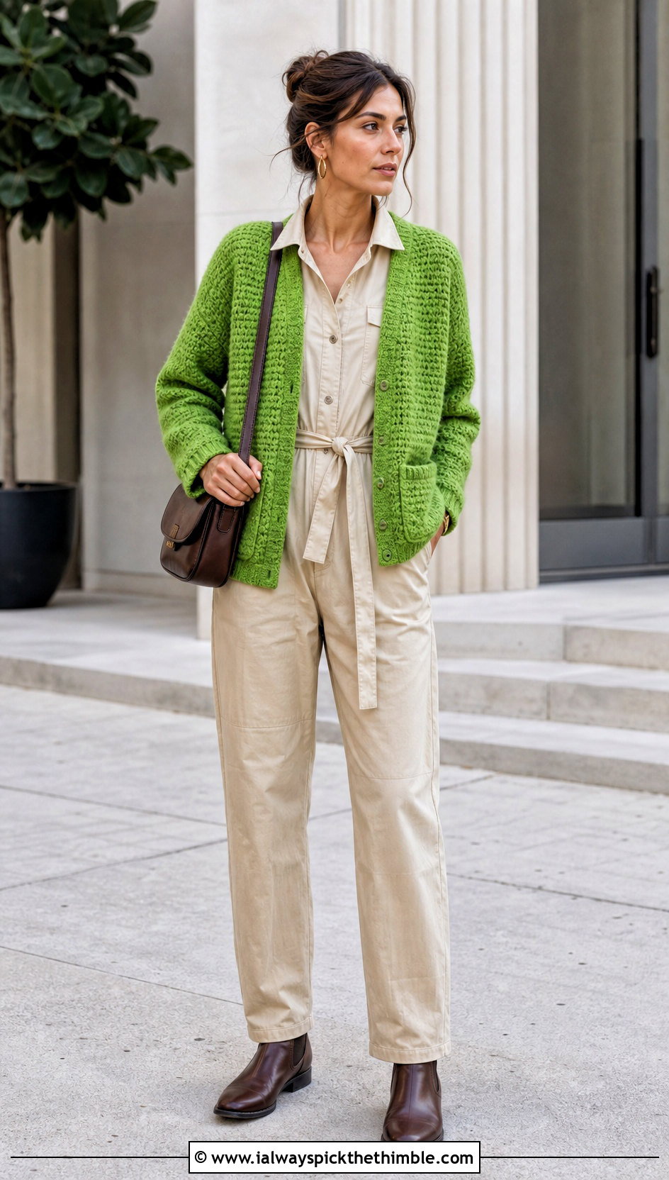 Patch Pocket Tweed Crochet Cardi With Utility Jumpsuit - 15 tweed crochet cardi outfit ideas