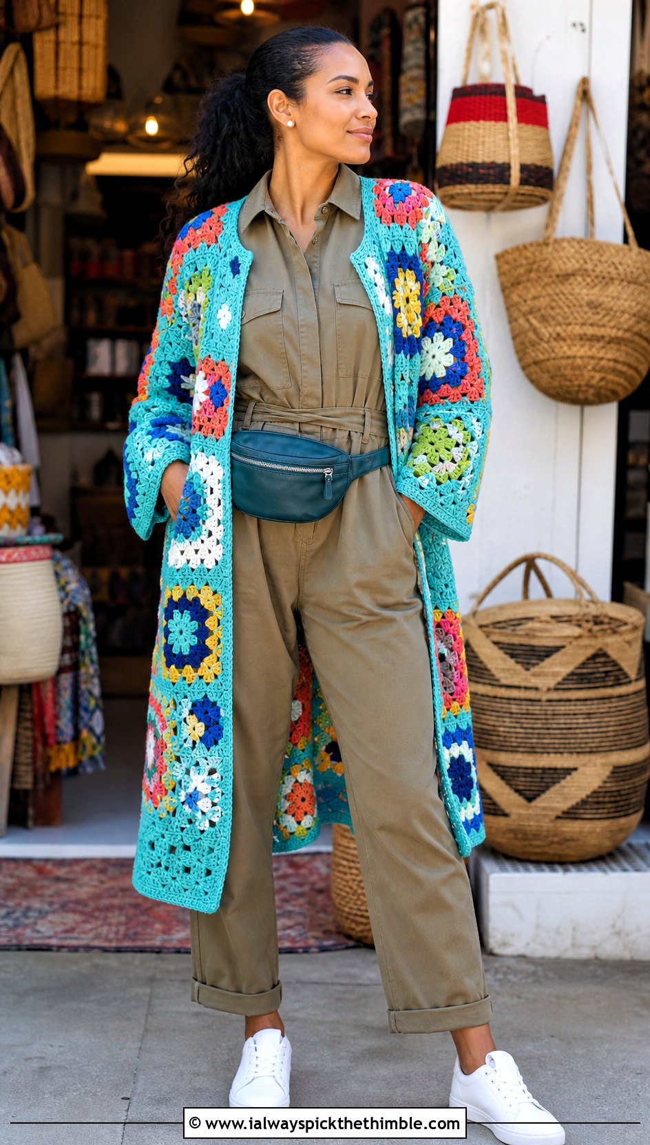 Patchwork African Flower Crochet Cardigan With Utility Jumpsuit - 20 african flower crochet cardigan outfit ideas