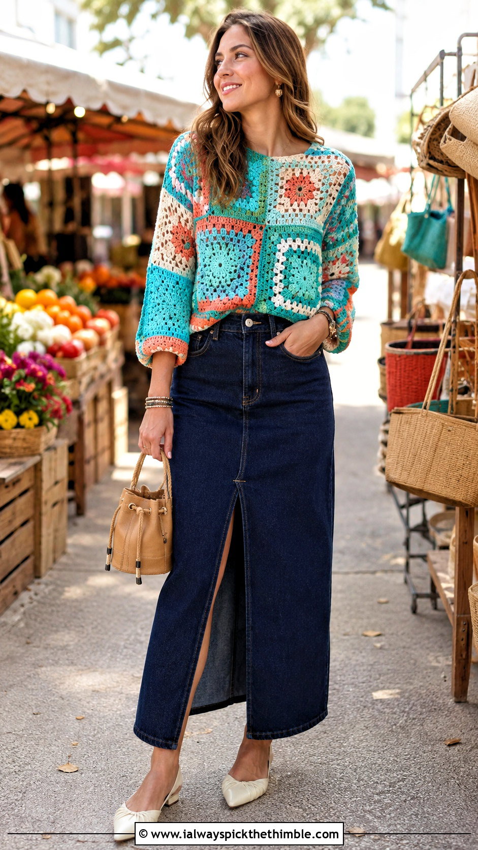 Patchwork Anthropologie Crochet Sweater With Denim Maxi Skirt - 15 Anthropologie Crochet Sweater outfit ideas
