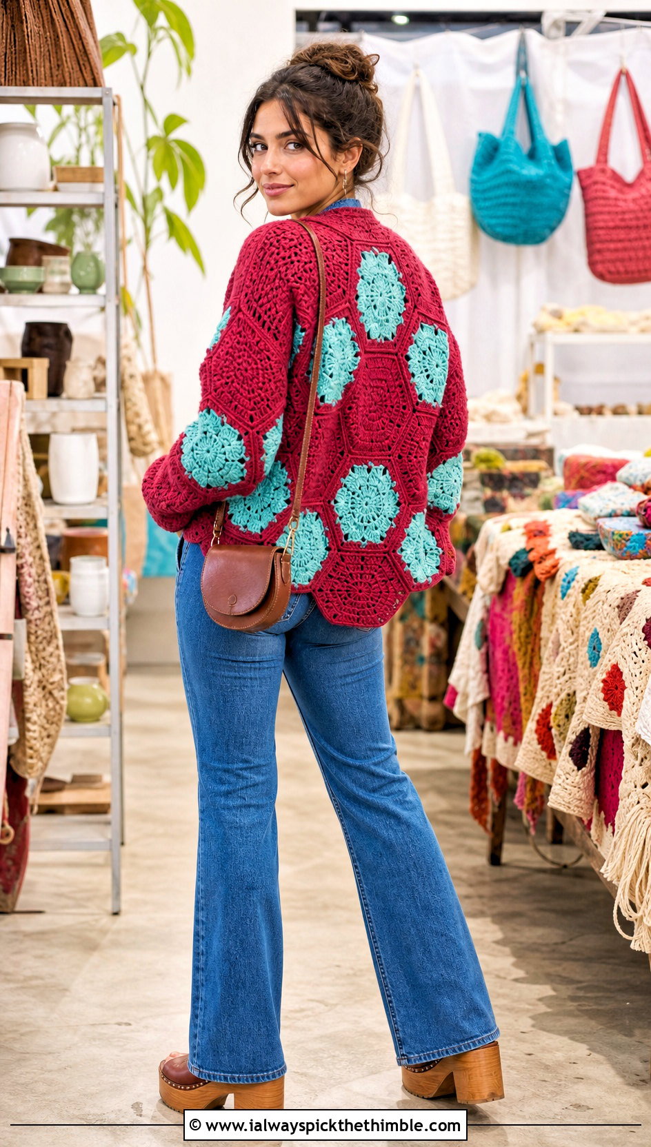 Patchwork Back Hexagon Crochet Cardigan With Denim Jumpsuit - 25 hexagon crochet cardigan outfit ideas