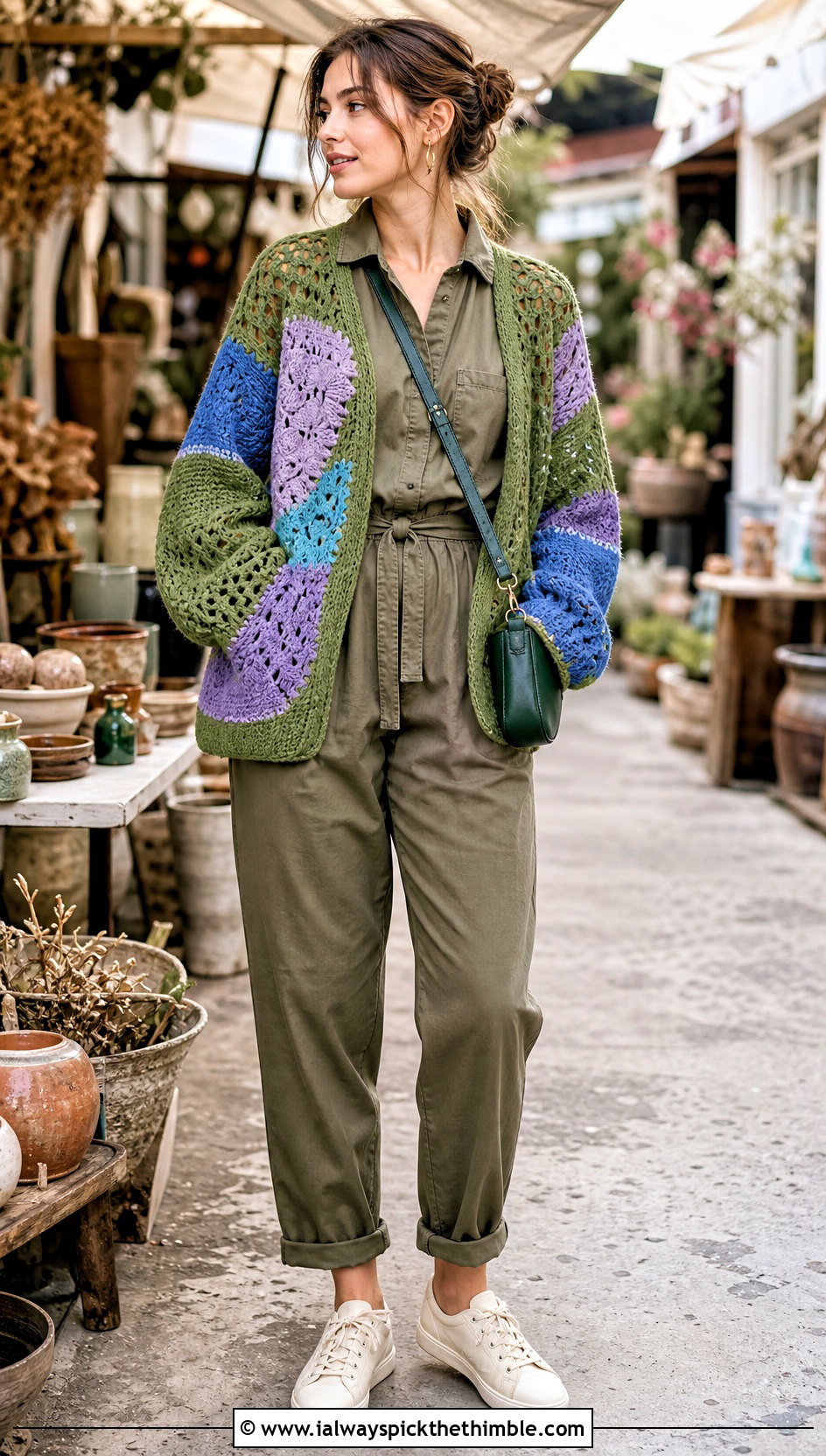Patchwork Baggy Crochet Sweater With Utility Jumpsuit - 25 baggy crochet sweater outfit ideas
