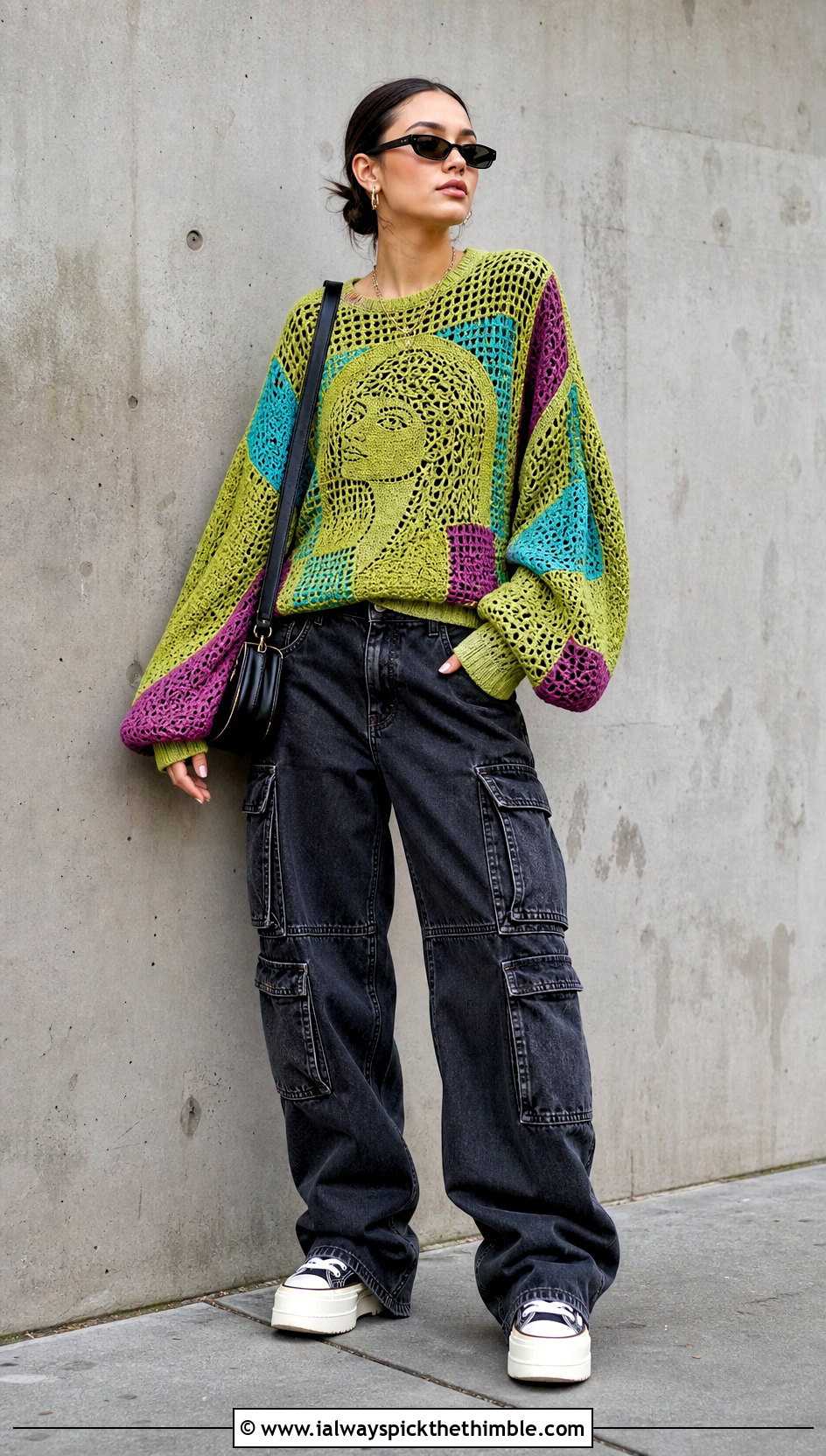 Patchwork Balloon Sleeve Crochet Sweater With Cargo Pants - 20 taylor swift crochet sweater outfit ideas