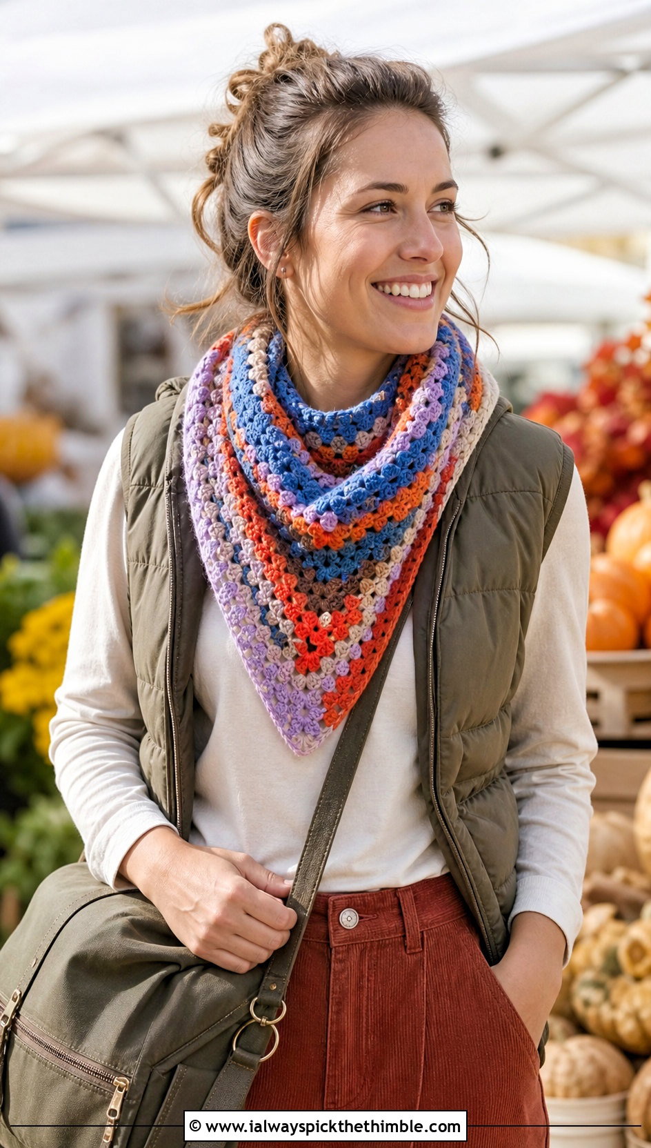 Patchwork Bandana Crochet Scarf With Puffer Vest And Corduroy Pants - 20 Bandana Crochet Scarf outfit ideas