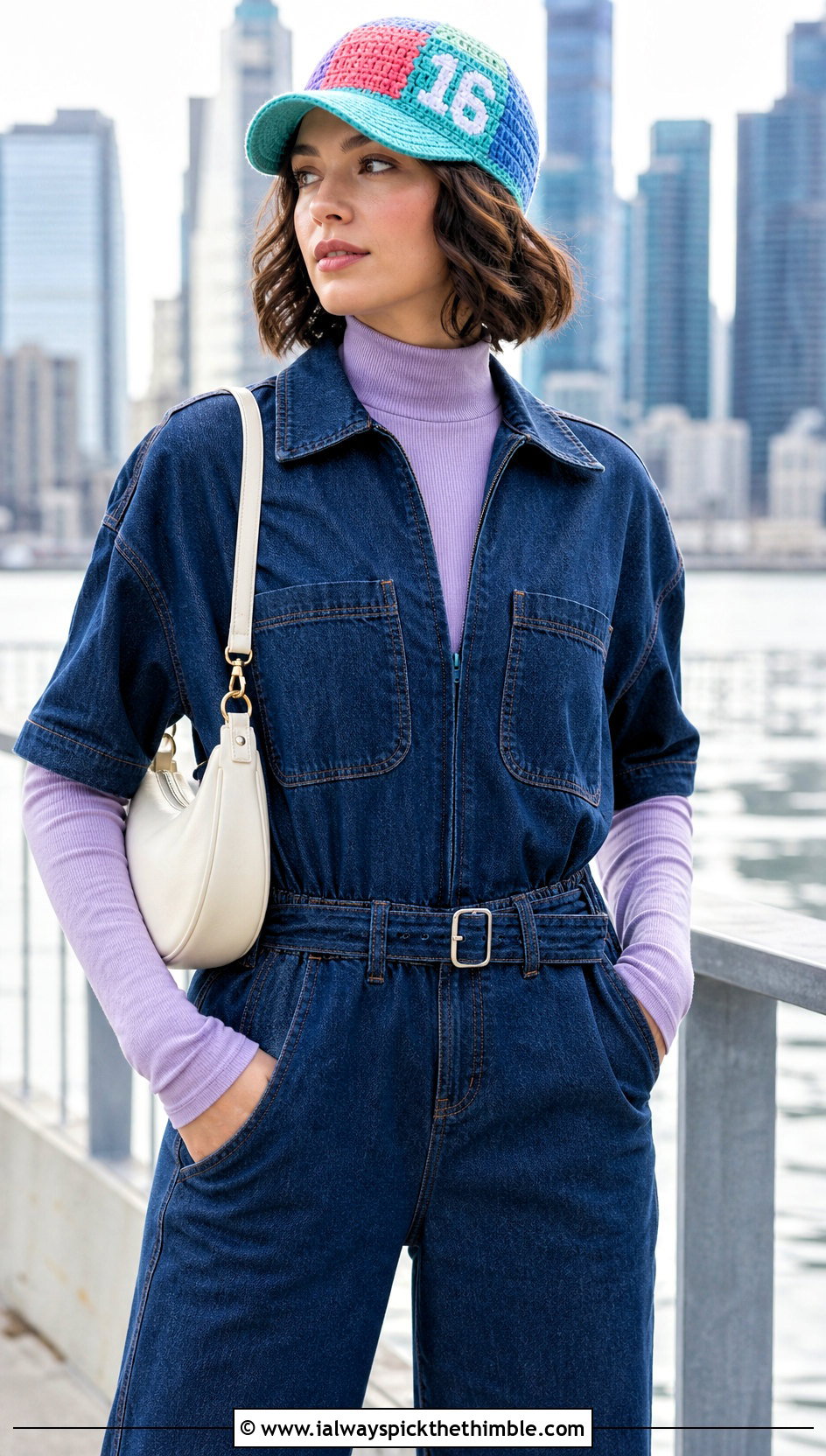 Patchwork Baseball Crochet Beanie With Denim Jumpsuit - 15 Baseball Crochet Beanie outfit ideas