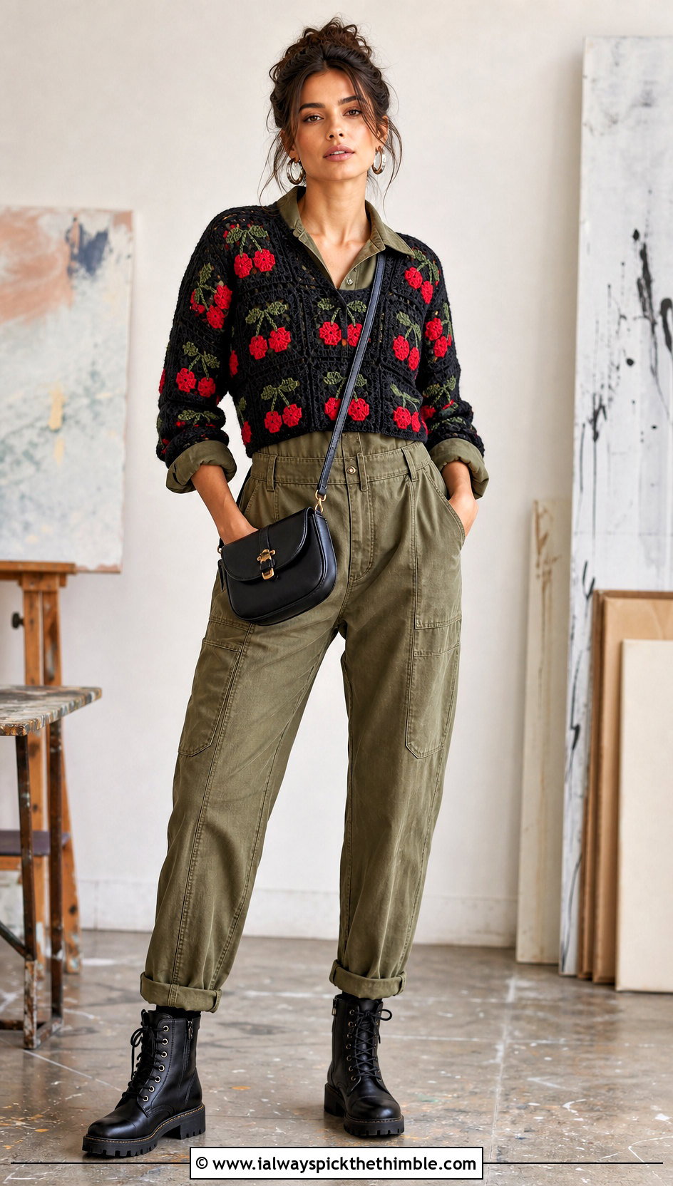 Patchwork Black Granny Square Sweater With Utility Jumpsuit - 20 black granny square sweater outfit ideas