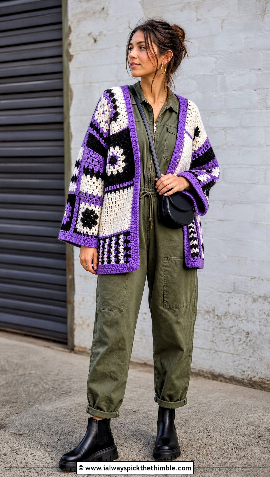 Patchwork Black White Crochet Cardigan With Utility Jumpsuit - 20 Black White Crochet Cardigan outfit ideas
