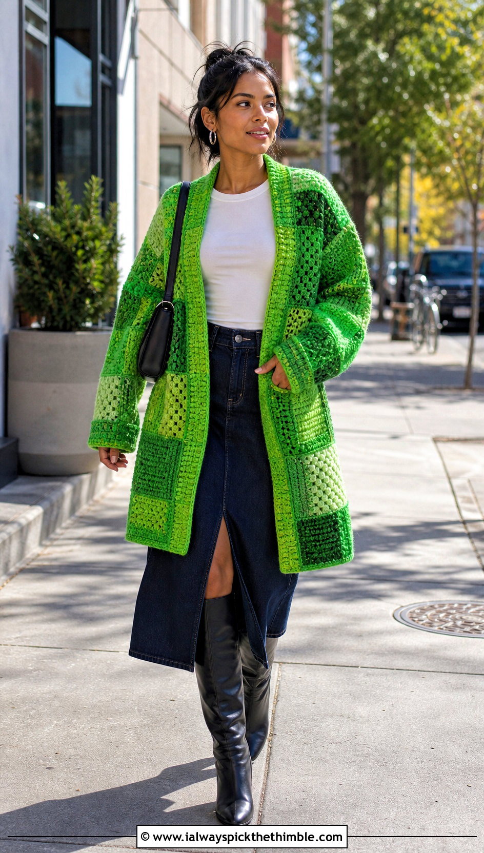 Patchwork Blanket Crochet Cardigan With Denim Midi Skirt - 20 blanket crochet cardigan outfit ideas