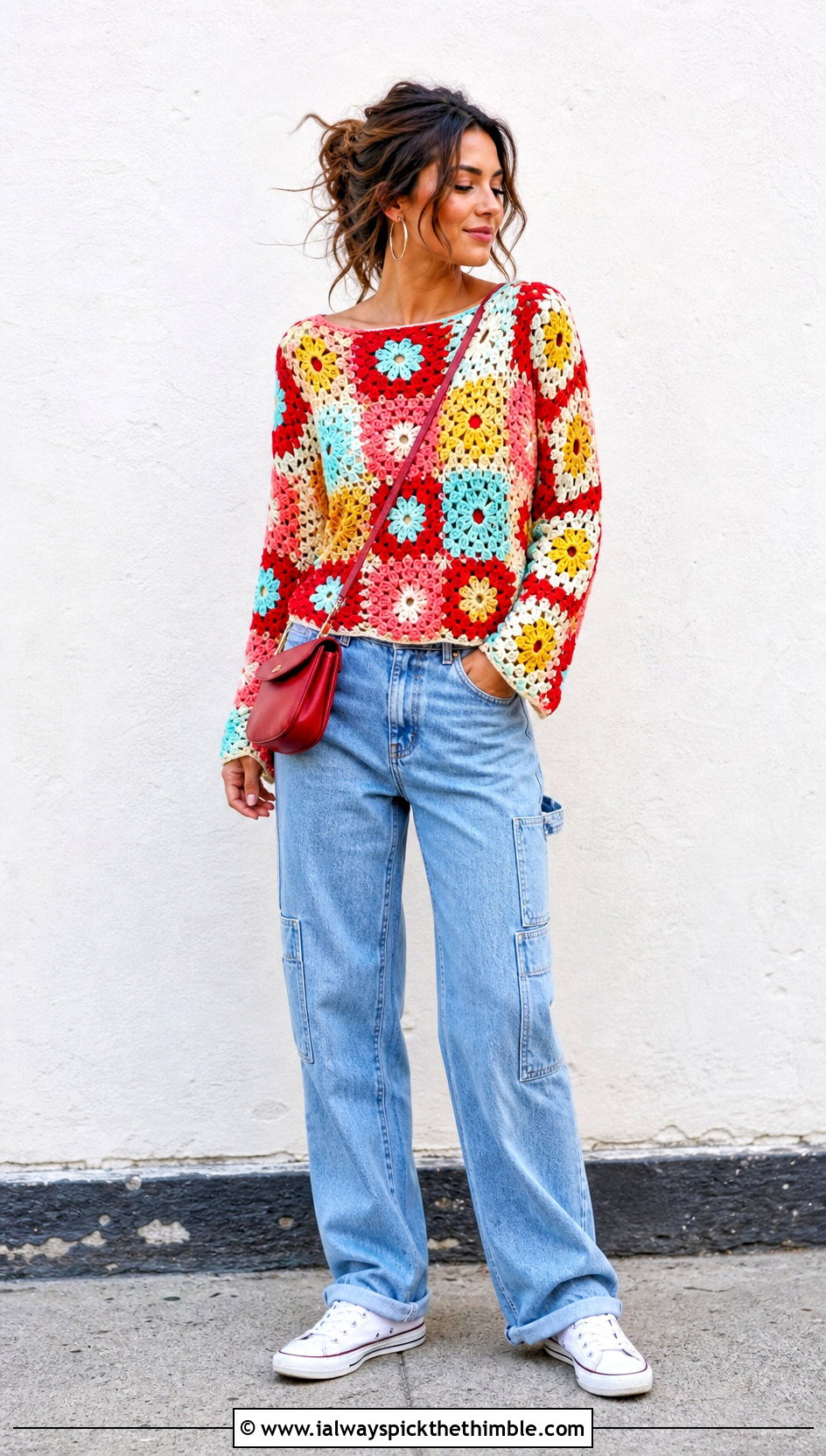 Patchwork Bloom Crochet Long Sleeve Top With Carpenter Jeans - 20 Crochet Flower Top Long Sleeve outfit ideas
