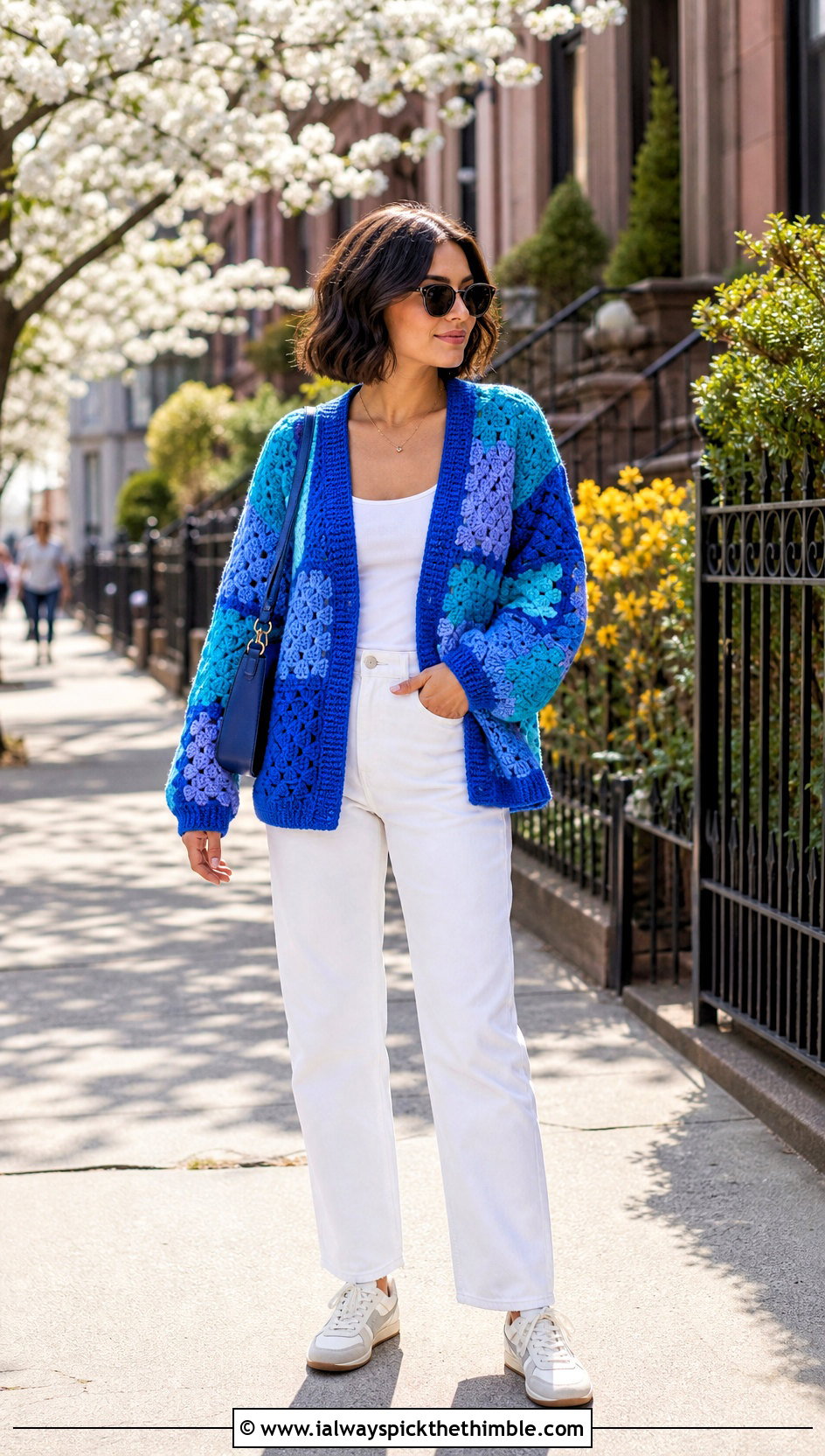 Patchwork Blue Crochet Cardigan With White Jeans - 25 blue crochet cardigan outfit ideas