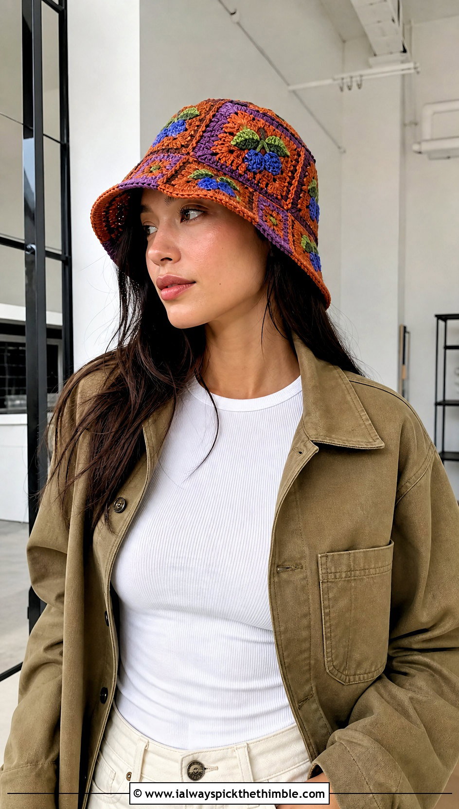 Patchwork Blueberry Crochet Bucket Hat With Chore Jacket And Carpenter Jeans - 25 blueberry crochet hat outfit ideas