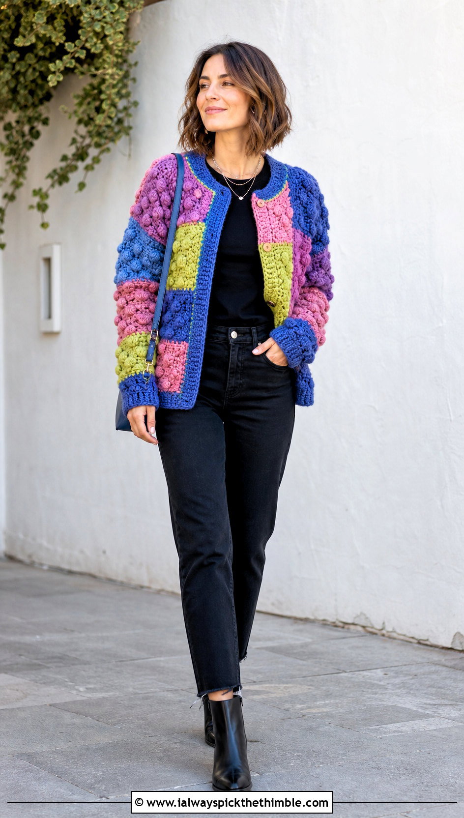 Patchwork Bobble Cardigan With Black Denim - 20 Crochet Bobble Cardigan outfit ideas