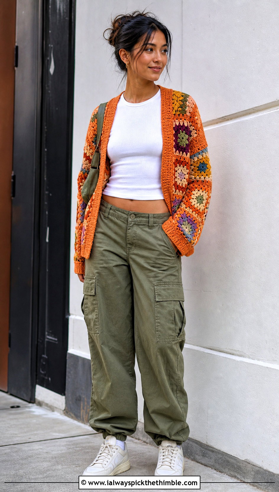 Patchwork Boho Crochet Cardigan With Cargo Pants - 25 Boho Crochet Cardigan outfit ideas