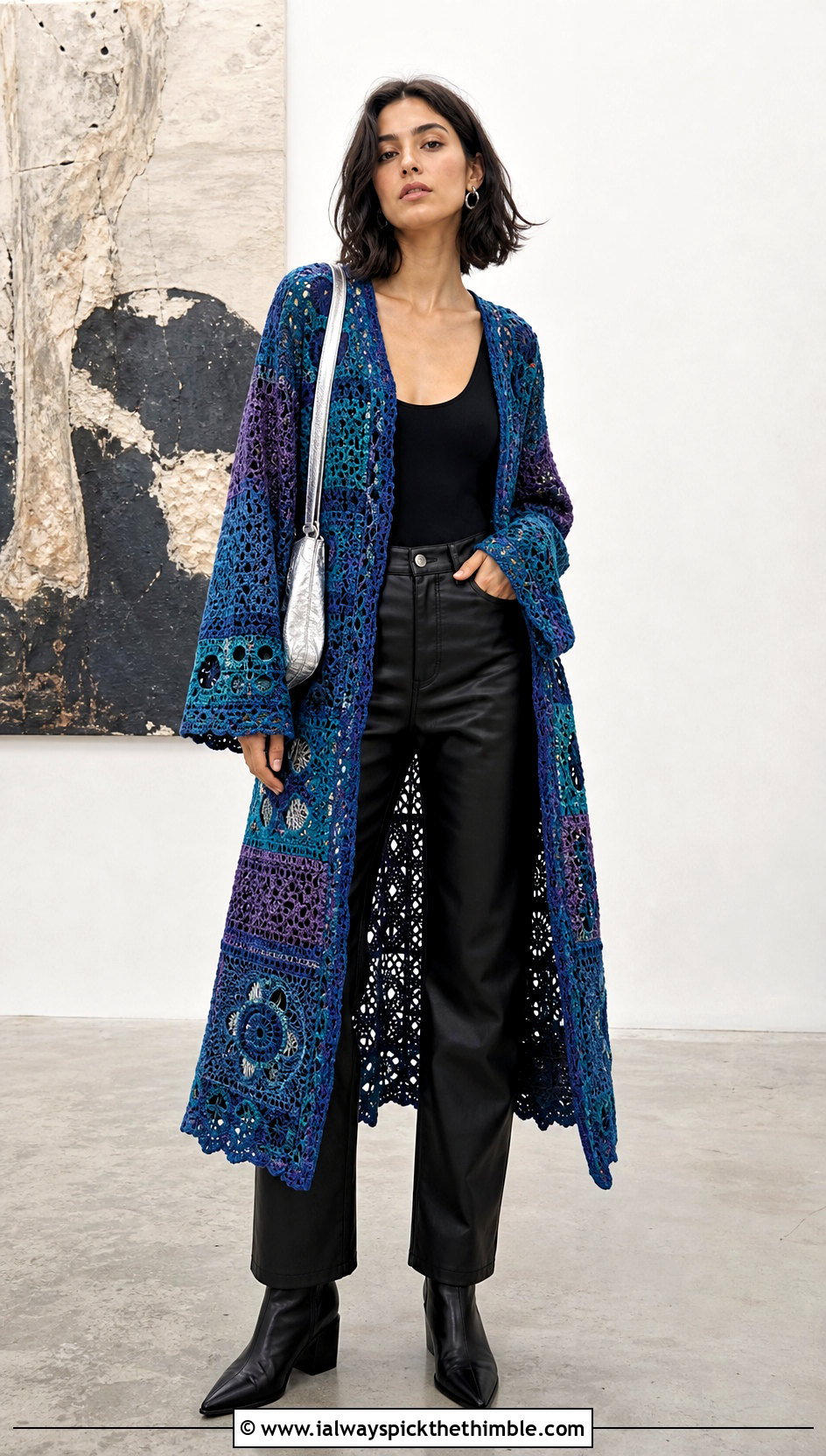 Patchwork Boho Crochet Cardigan With Leather Pants - 25 crochet boho cardigan outfit ideas