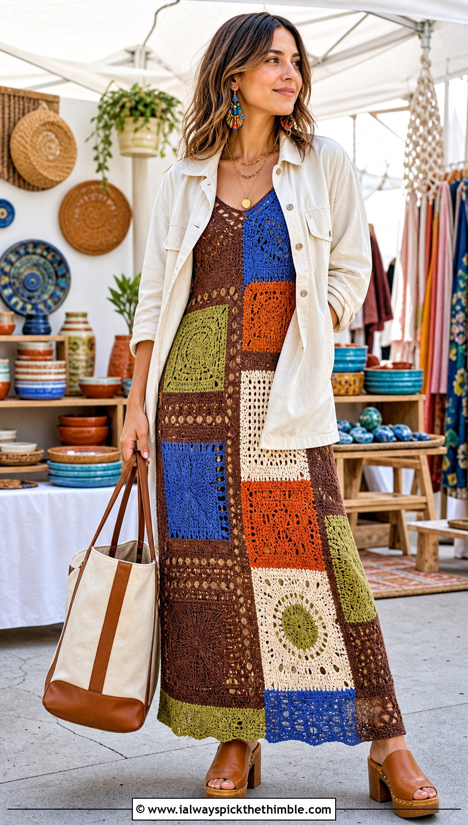 Patchwork Brown Crochet Maxi Dress With Chore Jacket - 20 brown crochet maxi dress outfit ideas