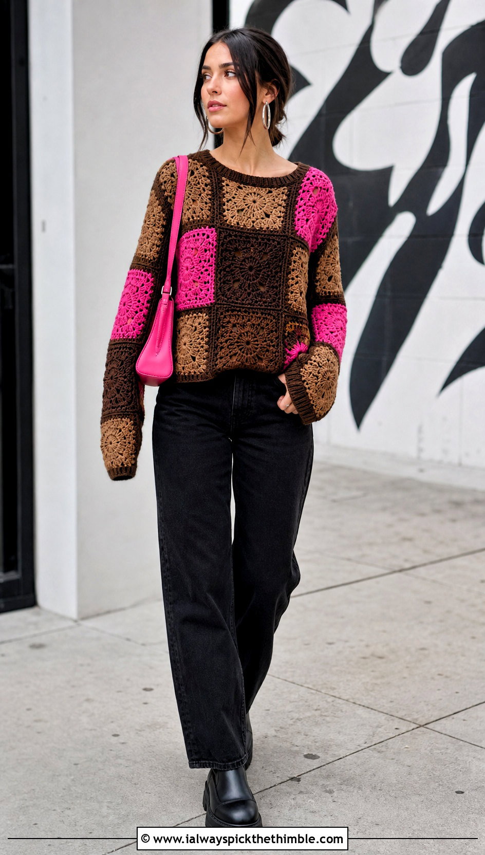 Patchwork Brown Crochet Sweater With Black Jeans - 25 crochet brown sweater outfit ideas