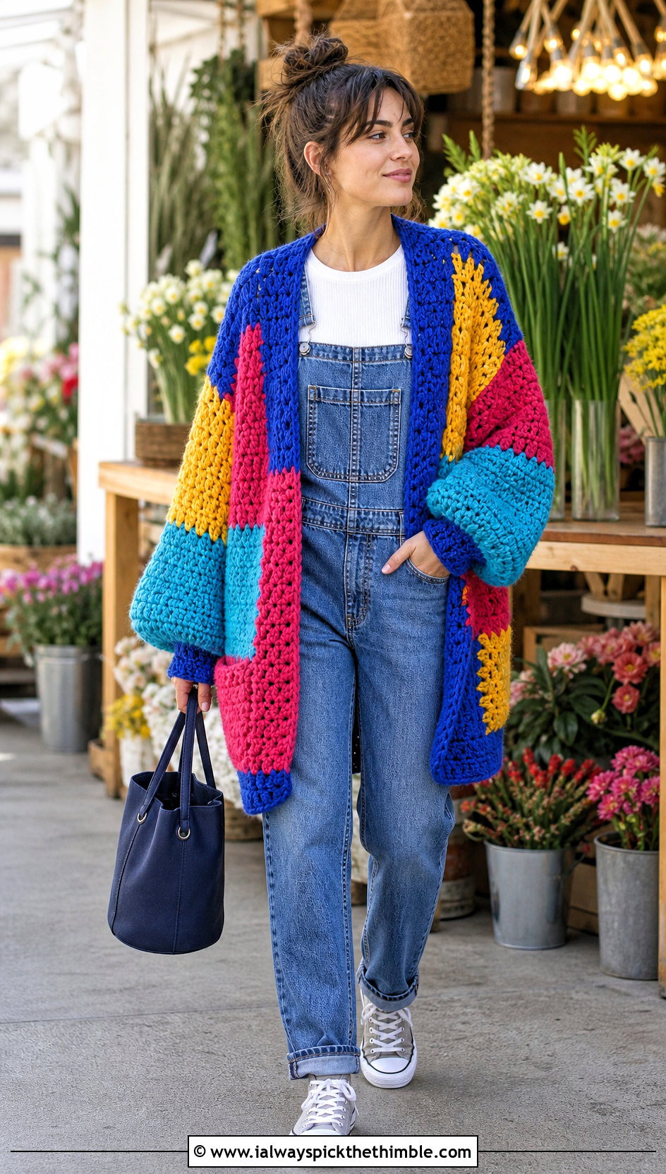 Patchwork Bulky Crochet Cardigan With Denim Overalls - 20 Bulky Crochet Cardigan outfit ideas