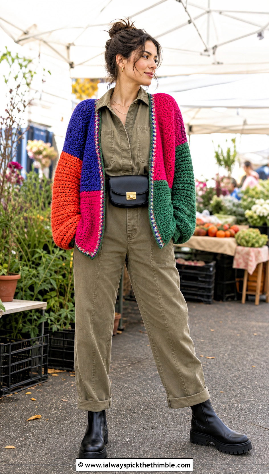 Patchwork Bulky Yarn Crochet Sweater With Utility Jumpsuit - 20 bulky yarn crochet sweater outfit ideas