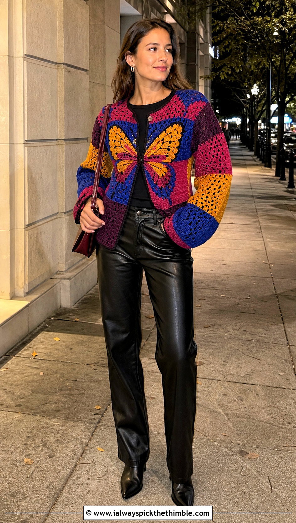 Patchwork Butterfly Crochet Cardigan With Leather Pants - 25 crochet butterfly cardigan outfit ideas