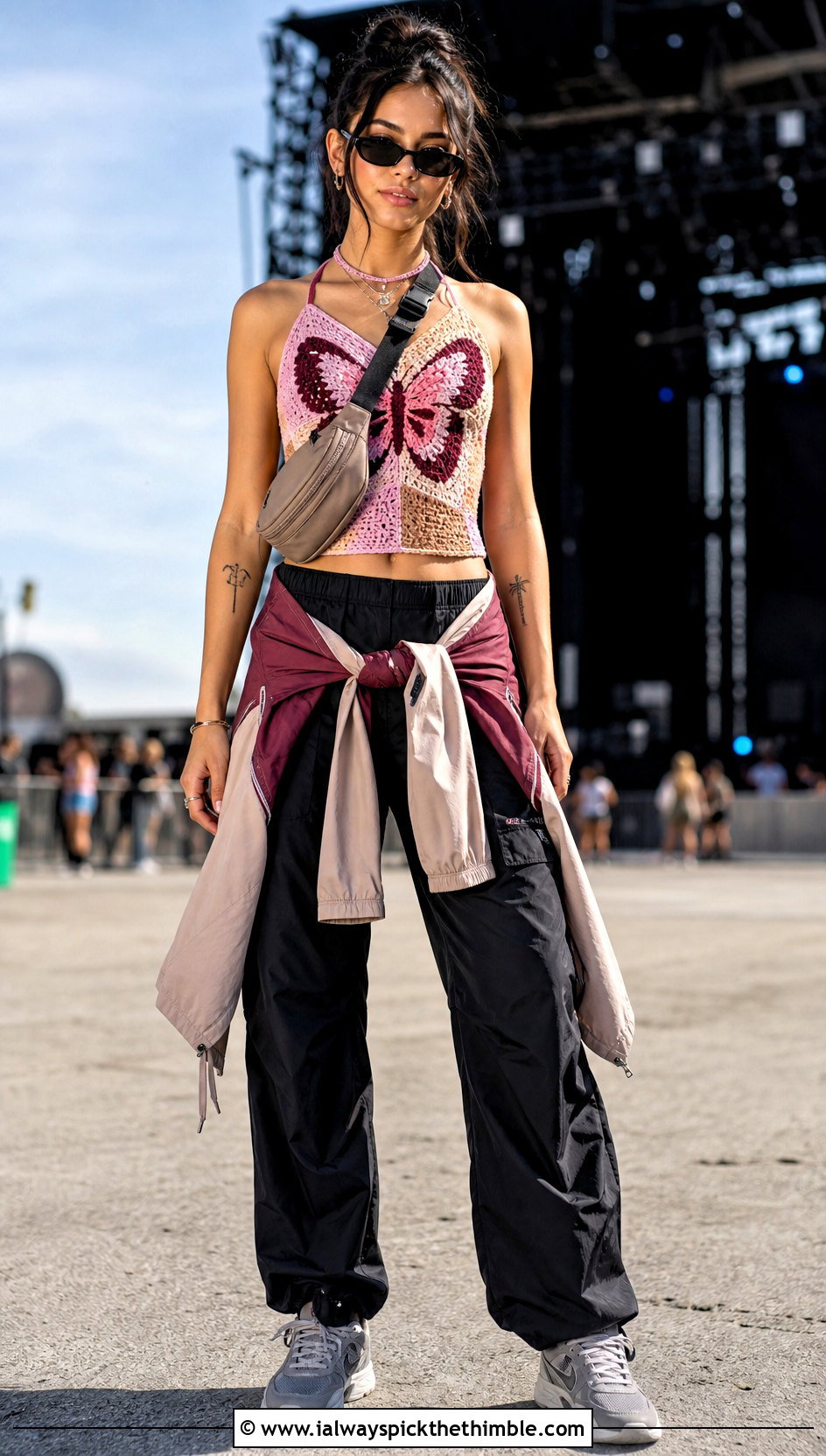 Patchwork Butterfly Top With Parachute Pants - 20 pink butterfly crochet top outfit ideas