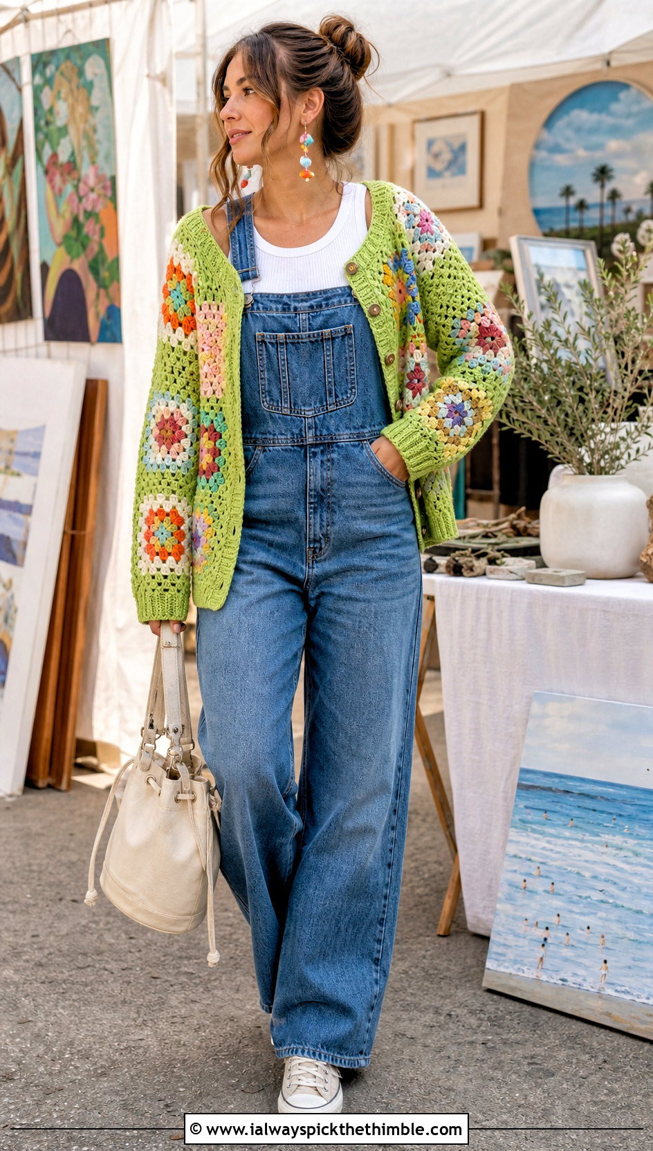 Patchwork Button Crochet Cardigan With Denim Overalls - 15 crochet cardigan with button closure outfit ideas