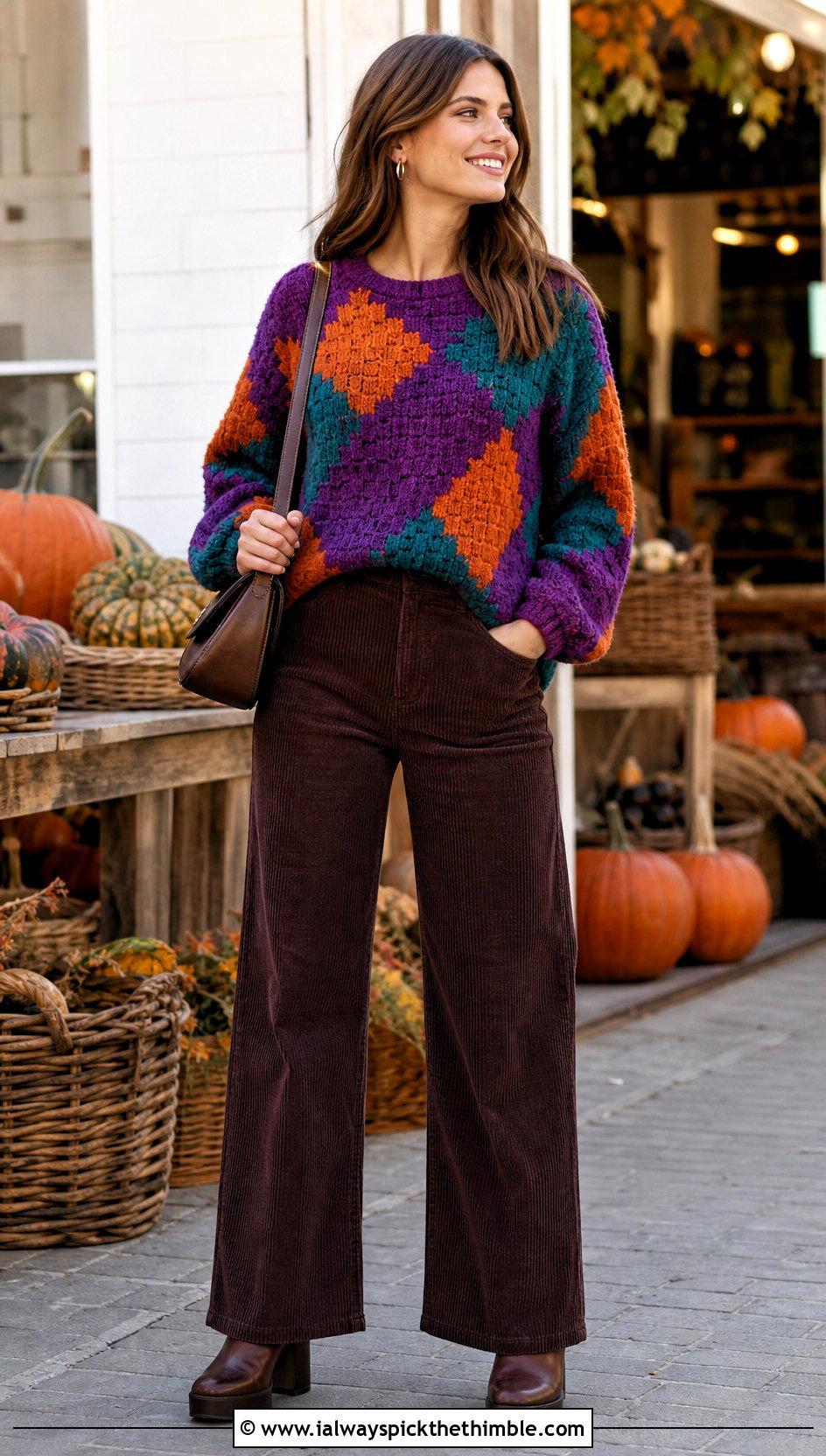 Patchwork C2C Crochet Sweater With Corduroy Pants - 20 c2c crochet sweater outfit ideas