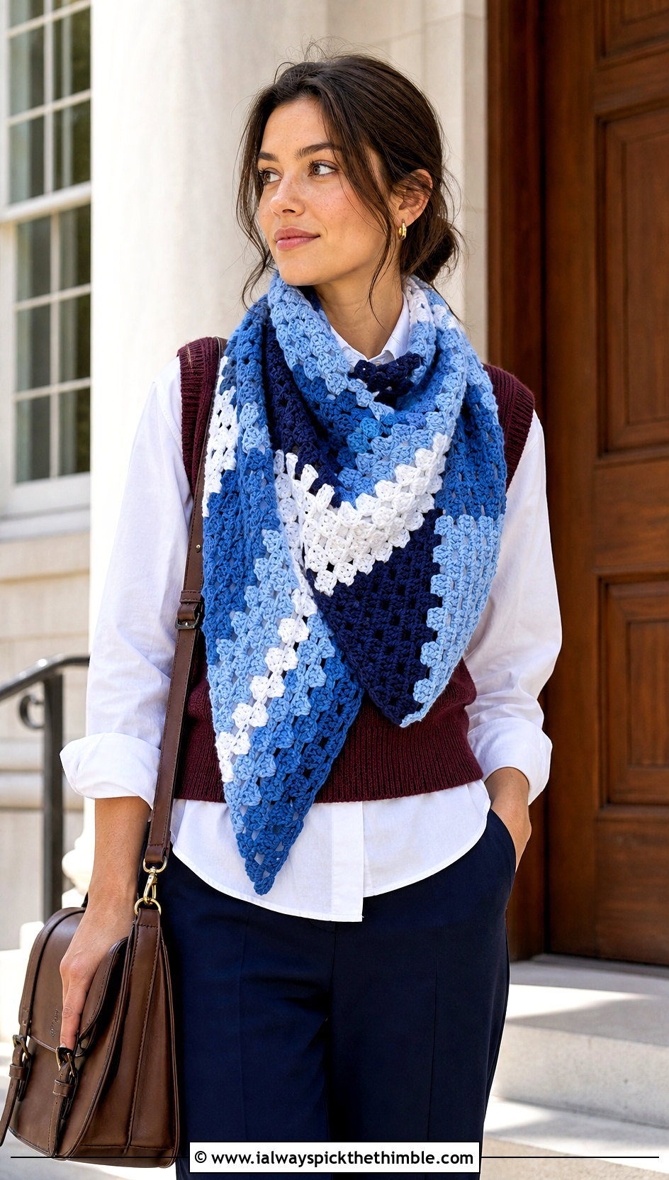 Patchwork C2C Scarf With Sweater Vest And Oxford Shirt - 25 c2c crochet scarf outfit ideas