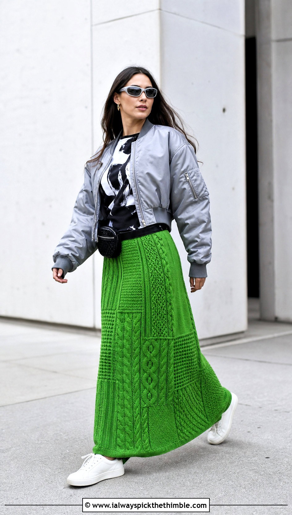 Patchwork Cable Maxi Skirt With Graphic Tee And Bomber Jacket - 15 crochet cable skirt outfit ideas