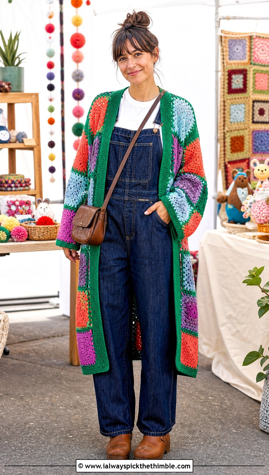 Patchwork Campfire Cardigan With Denim Overalls - 20 crochet campfire cardigan outfit ideas