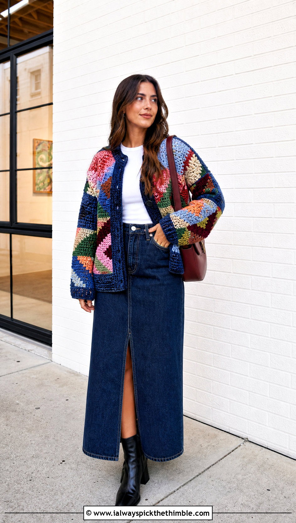 Patchwork Chanel Crochet Cardigan With Denim Maxi Skirt - 20 Chanel Crochet Cardigan outfit ideas