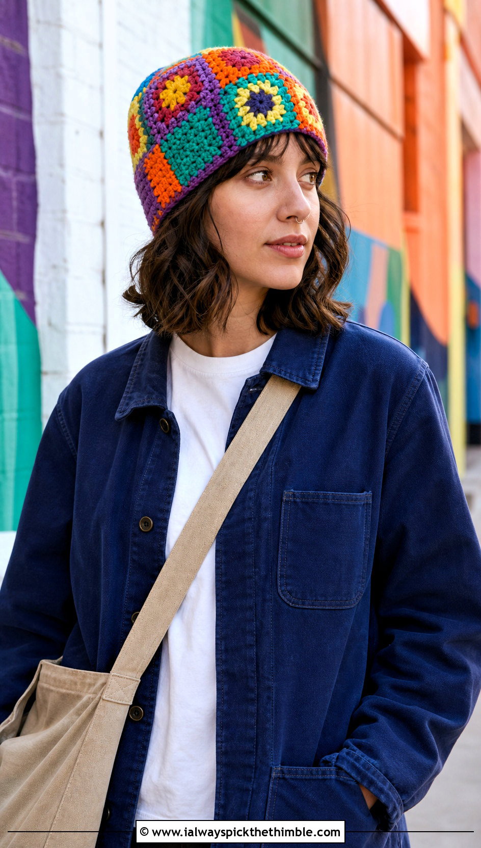 Patchwork Checkered Beanie With Chore Jacket - 25 crochet checkered beanie outfit ideas